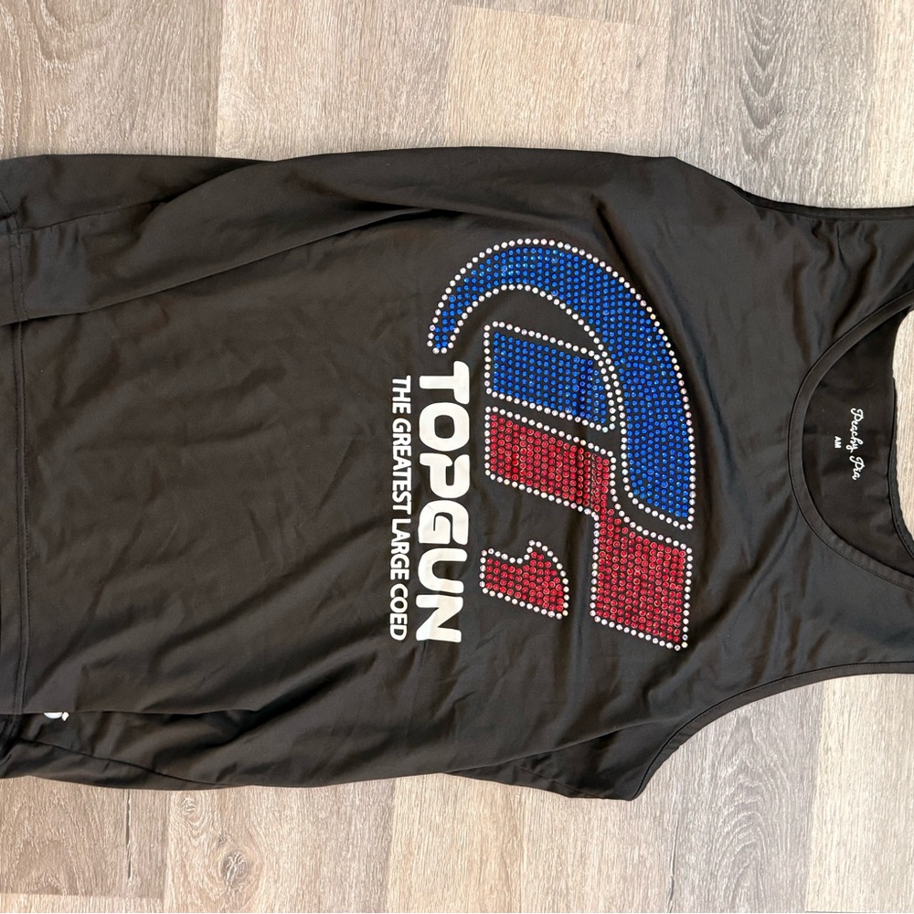 Black Top Gun Tank Top with Red and Blue Rhinestones